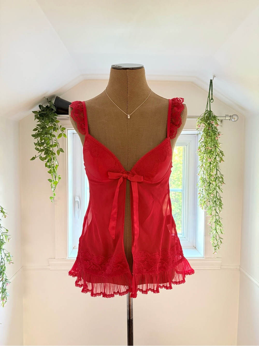 Red Lace & Mesh Bow Babydoll